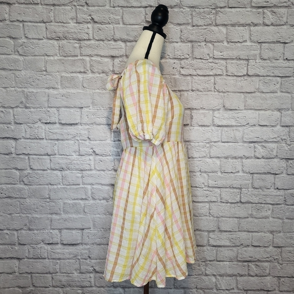 Mable Dress Babydoll White Pastel Plaid Square Neck Puff Sleeves Tie Back Size M - Picture 3 of 9